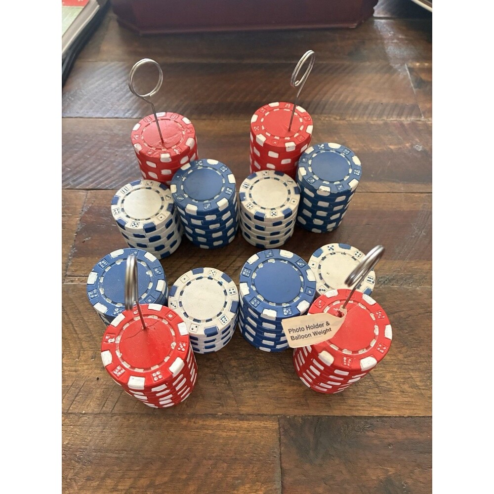 Poker Chip Photo Holders Balloon Weights Casino Party Decor Red Blue White Lot